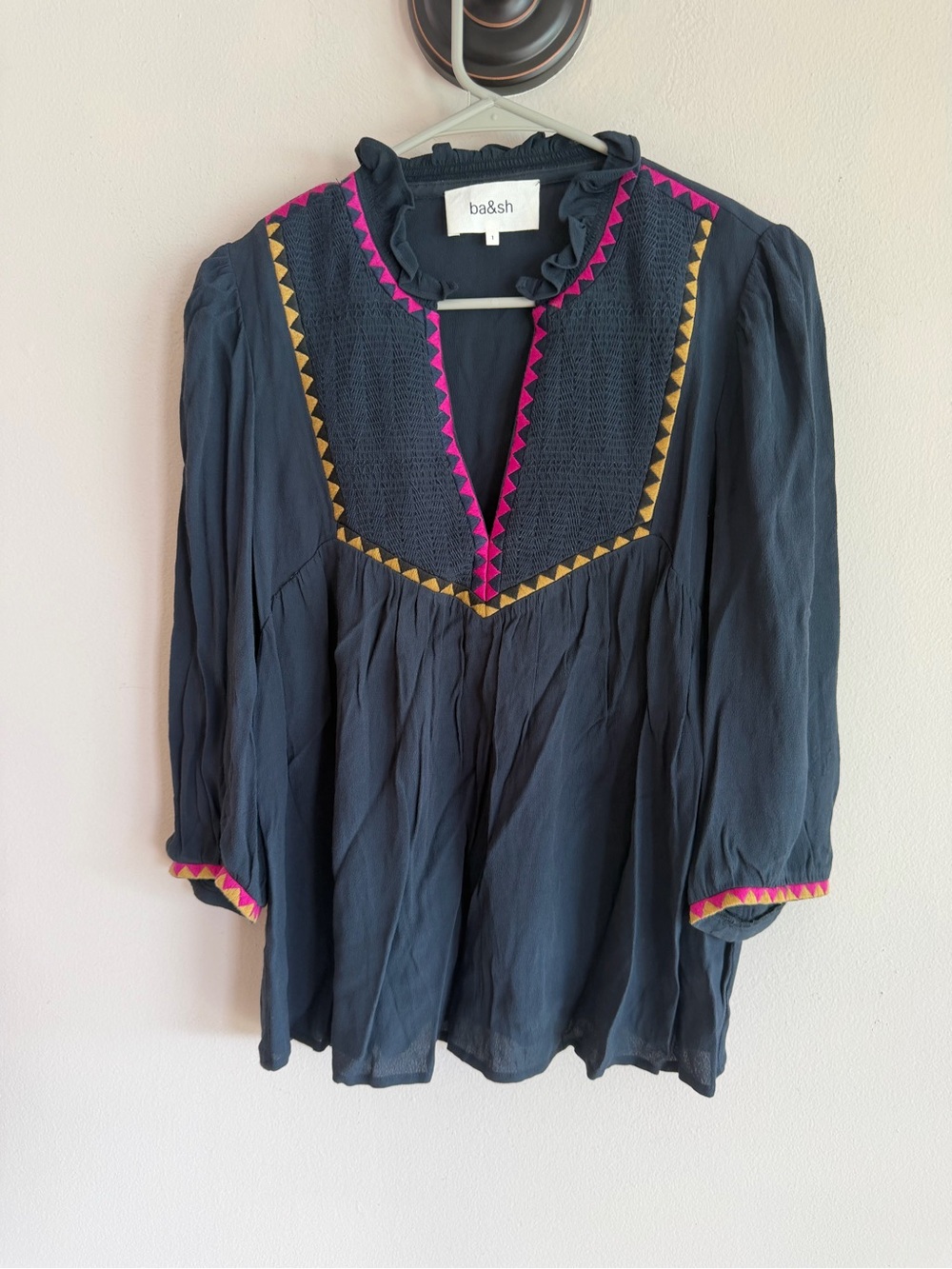 ba&sh Navy Blue Embroidered Boho Ruffle V-Neck Smocked Blouse Top Size 1